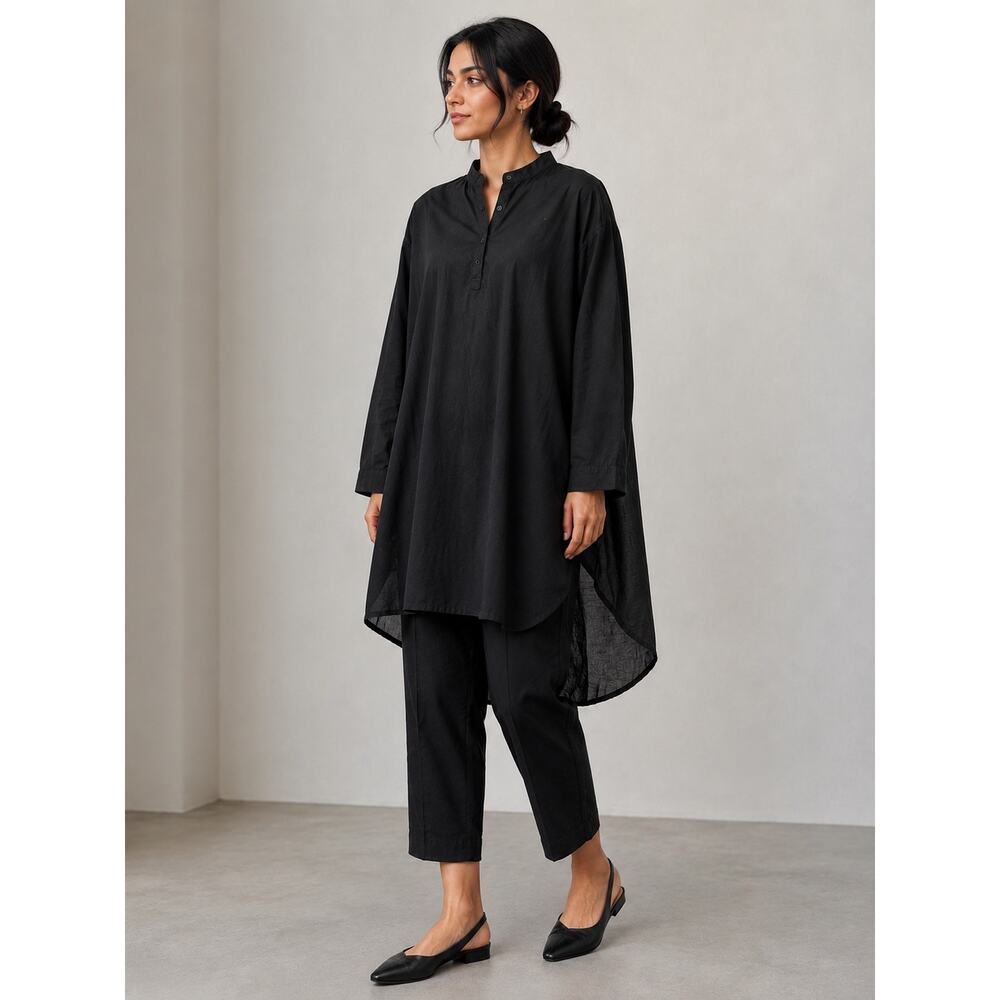 Manaola Womens HIgh-Low Kaftan Shirt Tunic Black M Long Sleeve Cotton